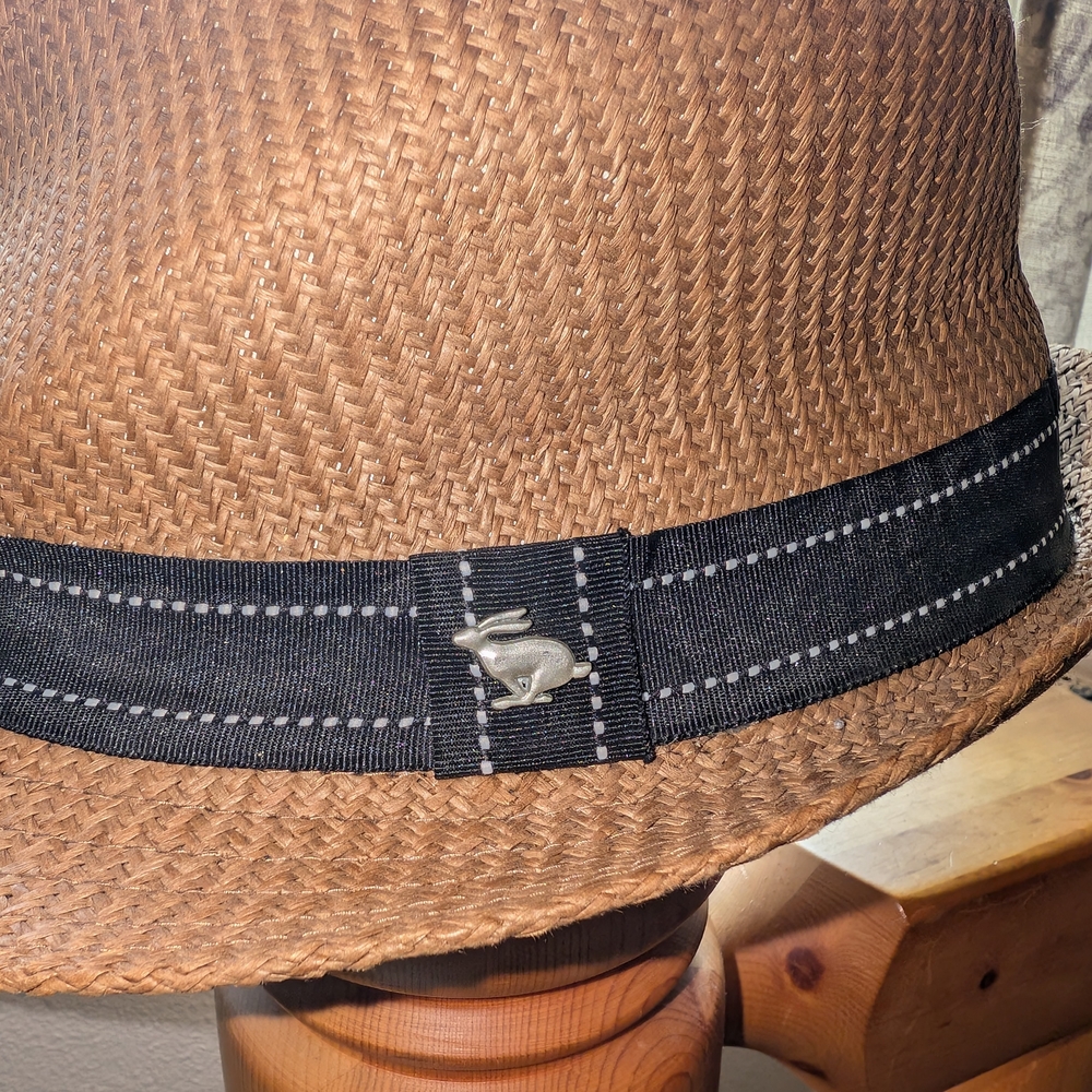 Brown Straw Fedora with Black Ribbon and Silver Rabbit Accent